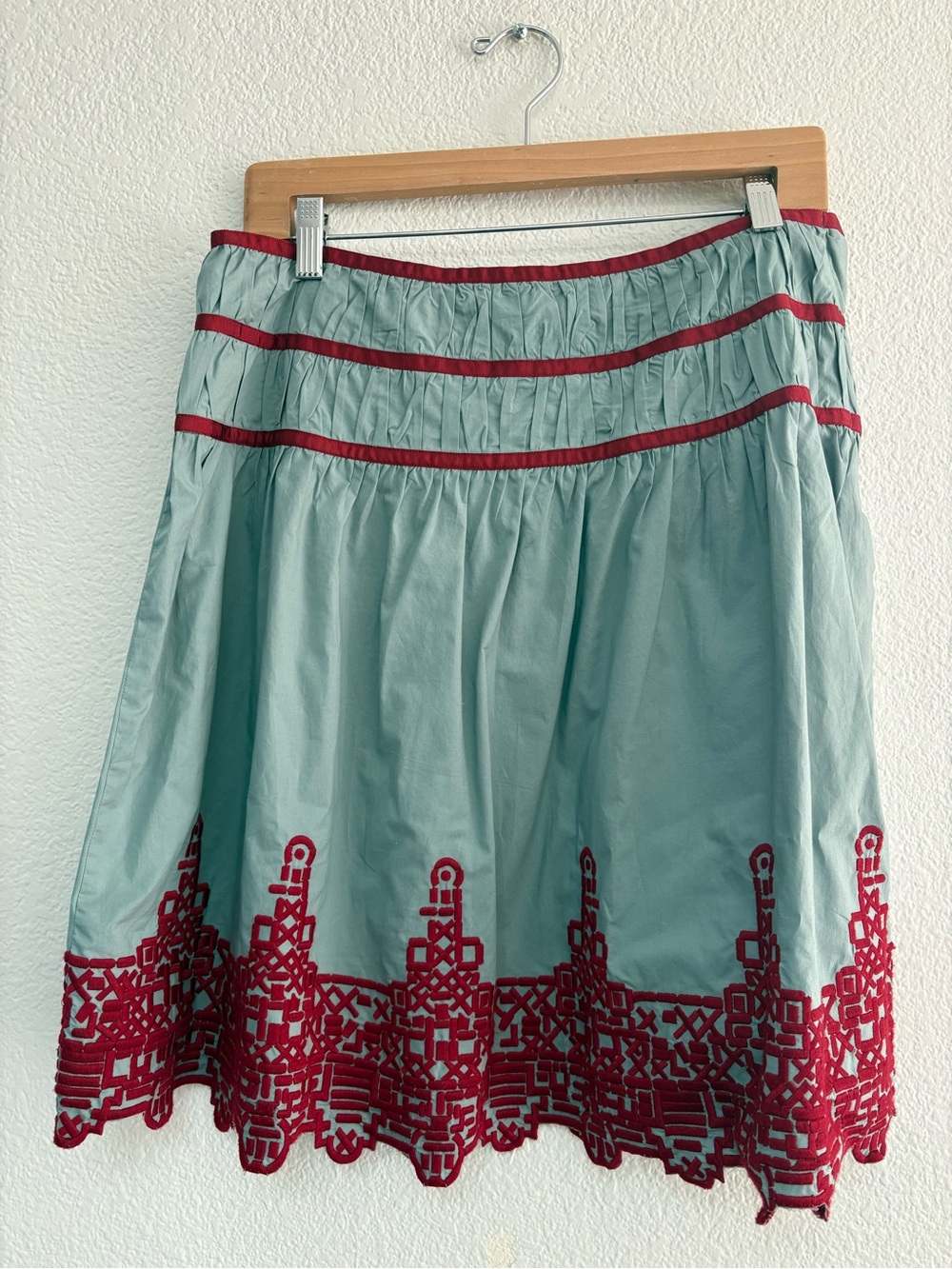 Light Teal Circle Skirt with Red Embroidered Hem